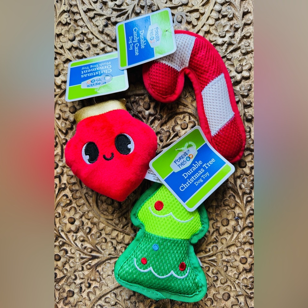 Set of 3 Festive Holiday Squeaky Dog Toy Set - Red and Green